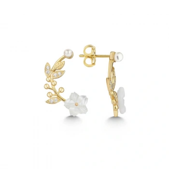 925 Ayar Gümüş Gold Sedef Çiçek Çivili Kadın Küpe T7548 (599599)