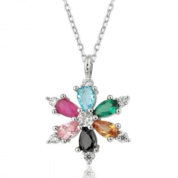 925 Ayar Gümüş Mix Taşlı Lotus Çiçeği Kadın Kolye T8408 (599)