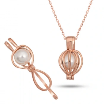 925 Ayar Gümüş Rose Beyaz İncili Kadın Kolye T7464 (599599)