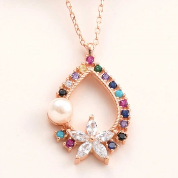 925 Ayar Gümüş Rose Renkli Taşlı Çiçekli Kadın Kolye T7974 (599599)