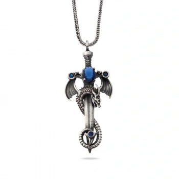 925 Ayar Gümüş Safir Taşlı Ejderha Erkek Kılıç Kolye T7491 (599599)