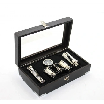 Ahşap Kutulu Pirinç Dürbün Pusula Ve Kum Saati Seti