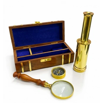 Ahşap Kutulu Pirinç Dürbün,pusula,büyüteç Seti 15304