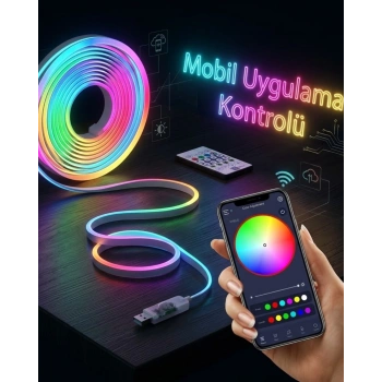 Akıllı Rgb Led Neon Şerit Işık 3m Usb Bağlantılı Uzaktan Kumanda Ve Mobil Uygulama Kontrolü