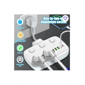 Akım Korumalı 2’li Ayrı Anahtarlı Priz, 2x Priz, 3x Usb, 1x Type-c, 2 Mt Kablo, Hızlı Şarj
