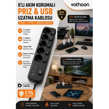 Akım Korumalı 5’li Priz 2xusb 2xtype-c Çıkış Akım Koruma Çoklu Priz Çoğaltıcı Anahtarlı Ftr-31 Siyah