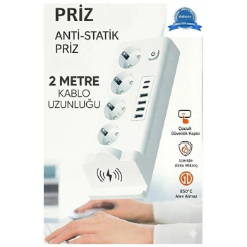 Akım Korumalı Kablosuz Şarjlı Masaüstü Priz | 4 Priz, 4 Usb, 2 Type-c