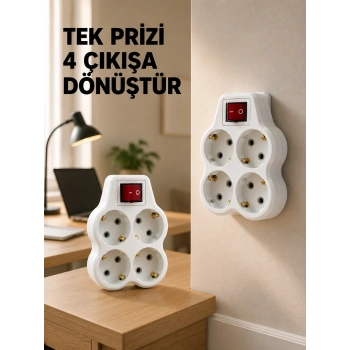 Anahtarlı 4’lü Priz Adaptörü Direkt Duvar Prizine Takılan Priz Çoklayıcı 2’li Set
