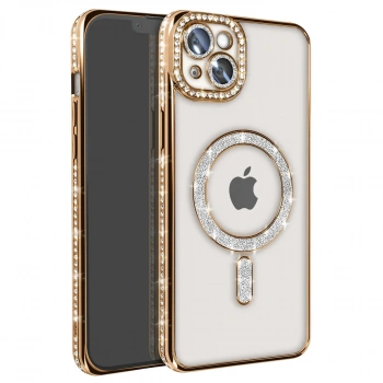Apple İphone 14 Kılıf Joke Simli Magneticsafe Kılıf - Gold