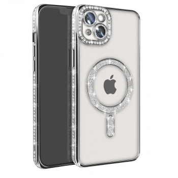 Apple İphone 15 Kılıf Joke Simli Magneticsafe Kılıf - Gümüş