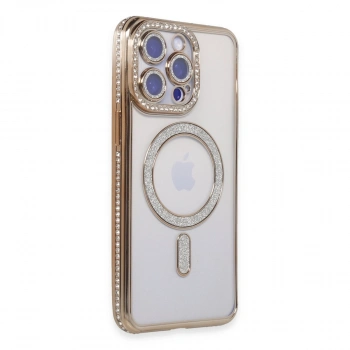 Apple İphone 15 Pro Kılıf Joke Simli Magneticsafe Kılıf - Gold