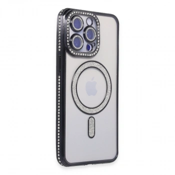 Apple İphone 15 Pro Kılıf Joke Simli Magneticsafe Kılıf - Siyah