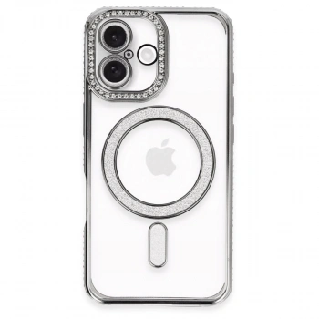 Apple İphone 16 Plus Kılıf Joke Simli Magneticsafe Kılıf - Gri