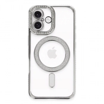 Apple İphone 16 Plus Kılıf Joke Simli Magneticsafe Kılıf - Gümüş