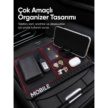 Araç İçi Kaydırmaz Organizer Mat Telefon Standlı Çok Amaçlı Konsol Düzenleyici