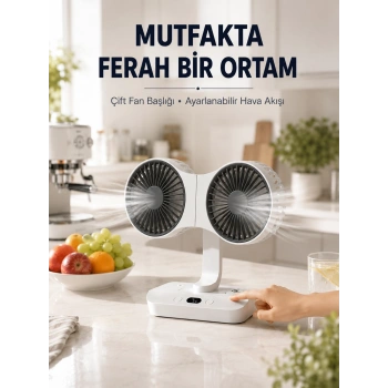 Ayarlanabilir Çift Fan Başlıklı Şarjlı Masa Vantilatörü