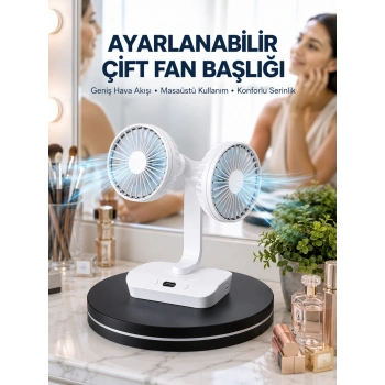 Ayarlanabilir Hızlı Çift Başlıklı Masaüstü Fan – Gece Lambalı Serinletici