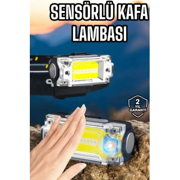 Beyaz Led Işık Sensörlü Kafa Lambası Lityum Batarya Led El Fenerli Şarjlı