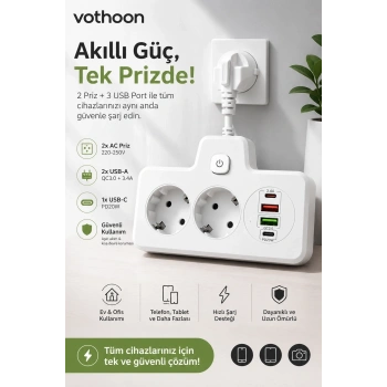 Bkl-502 Akım Korumalı 2li Priz 2 Usb Ve 2 Type-c Çıkış 4000w Hızlı Şarj Duvar Tipi Dokunmatik Led Aydınlatmalı