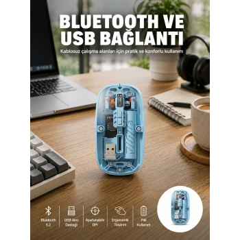 Bluetooth 5.2 Destekli Mavi Pilli Kablosuz Mouse Yeni Nesil