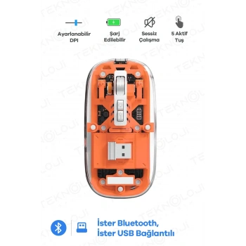 Bluetooth Usb Çift Modlu Sessiz Mouse, Şeffaf Mıknatıslı Kapaklı, Type-c Şarjlı, Dpı Ayarlı, Kablosuz 10m Çekim Mesafeli, Masaüstü Kısayol Tuşlu, Taşınabilir Şarjlı Mouse Turuncu