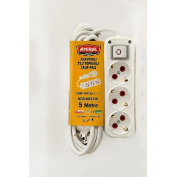 Byhodi 3 lü Topraklı Anahtarlı 5 Metre Kablolu Grup Priz (599599)