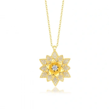 Byhodi 925 Ayar Gümüş Gold Beyaz Taşlı Lotus Çiçeği Kadın Kolye T7537 (599599)