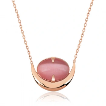 925 Ayar Gümüş Pembe Kedi Gözü Taşlı Hilal Kolye T4760 (599599)