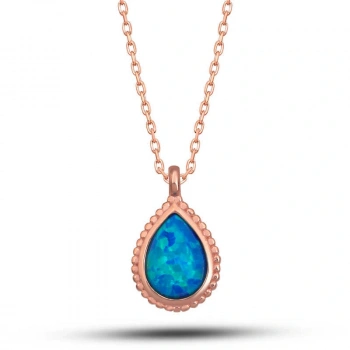 925 Ayar Gümüş Rose Damla Mavi Opal Taşlı Kadın Kolye T7724 (599599)