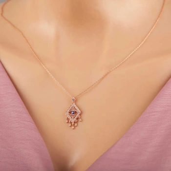 925 Ayar Gümüş Rose Nazarlı Göz Kolye T7365 (599599)