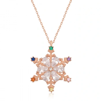 Byhodi 925 Ayar Gümüş Rose Renkli Taşlı Kar Tanesi Kadın Gümüş Kolye T7091 (599599)