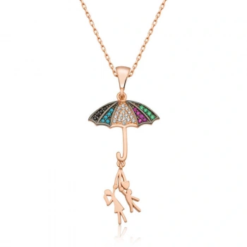 ​925 Ayar Gümüş Şemsiye Tutan Aşıklar Kadın Gümüş Kolye T3890 (599599)