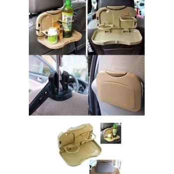 Araç İçi Koltuk Arkası Katlanabilir Bardak Tutuculu Bej Tepsi