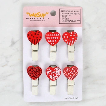 Loren Dekoratif Kırmızı Kalp Desenli Mandal 6lı