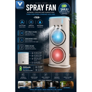 Çift Başlıklı Sprey Fan Nemlendirici Ve Renkli Led Işıklı Beyaz