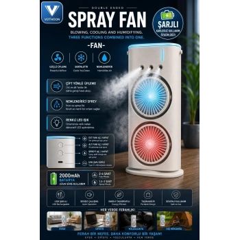 Çift Başlıklı Sprey Fan Nemlendirici Ve Renkli Led Işıklı Beyaz