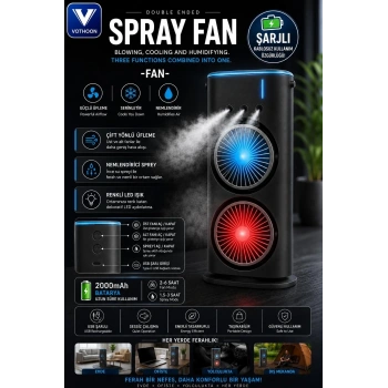 Çift Başlıklı Sprey Fan Nemlendirici Ve Renkli Led Işıklı Siyah