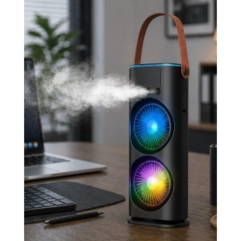 Çift Başlıklı Taşınabilir Fan Rgb Işıklı Sprey Nemlendiricili Masaüstü Serinletici Fan