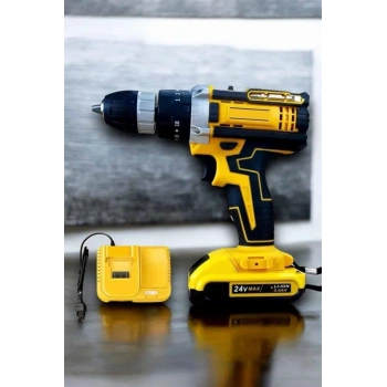 Çift Bataryalı Metal Dişli Darbeli Şarjlı Matkap Seti 24w Güç Ve 24 Parça Aksesuar