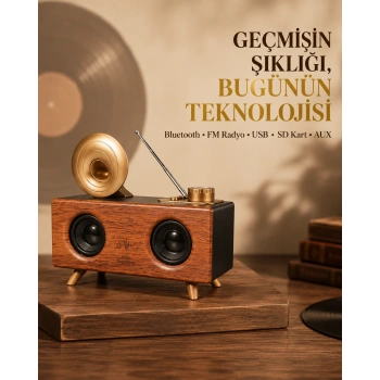 Çift Hoparlörlü Retro Bluetooth Speaker 1800mah Bataryalı Aux Usb Sd Kartlı