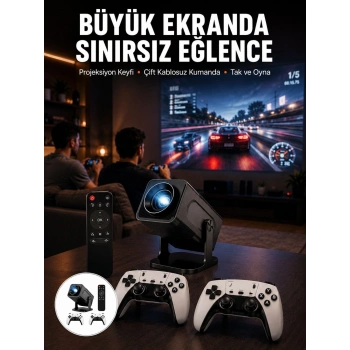 Çift Kollu Game Box Projeksiyon Cihazı Kumandalı Android Tv Dahili Hoparlör Yeni Nesil