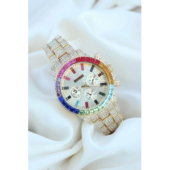 Clariss Trend Gold Metal Kordonlu Zirkon Taş Kaplama Renkli Taşlı Kasa Tasarımlı Lüx Kadın Kol Saati