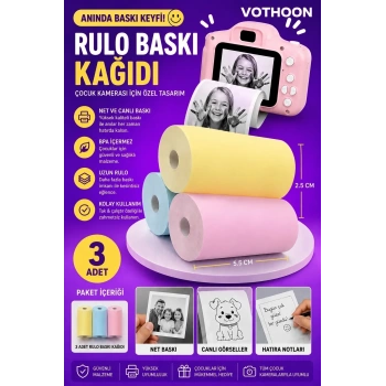 Çocuk Fotoğraf Makinesi Yedek Termal Baskı Kağıdı Renkli (3 Lü Rulo) – 57x25mm