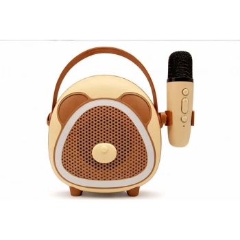 Çocuklara Özel Retro Tasarımlı Bluetooth Karaoke Mikrofon Ve Ahşap Tripodlu – Kahverengi