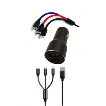 Çoklu Hızlı Şarj Kablosu Ve Seyahat Araç Şarj Soketi Typec Mikro İphone Uyumlu 1.2 Metre 3A (599)