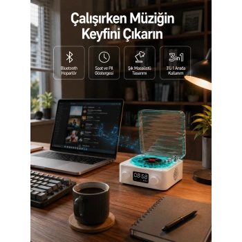 Dekoratif Gece Işıklı Bluetooth Hoparlör – Zaman Ve Pil Ekranlı