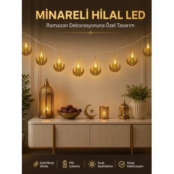 Dekoratif Minareli Hilal Led Işık Metal Gövdeli Ramazan Aydınlatma