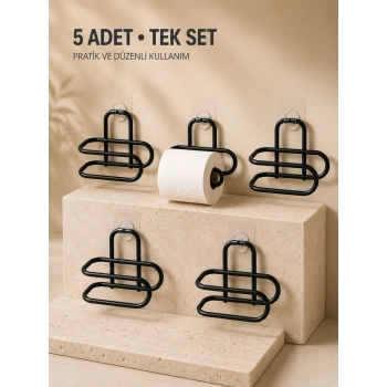 Delmeden Monte Tuvalet Kağıdı Askısı Siyah Metal Yapışkanlı Banyo Kağıtlığı 5’li Set