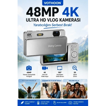 Dijital Kamera 4k Hd 48mp 16x Zoom Flaşlı Kayar Retro Video Kamera 2.8’’ Ekran 64gb Sd Kart Hediyeli Gümüş