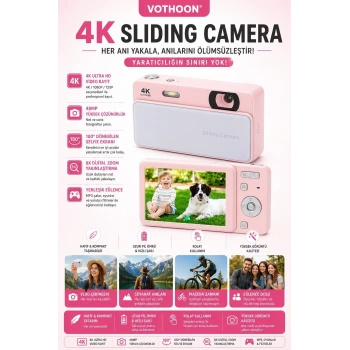 Dijital Kamera 4k Hd 48mp 16x Zoom Flaşlı Kayar Retro Video Kamera 2.8’’ Ekran 64gb Sd Kart Hediyeli Pembe